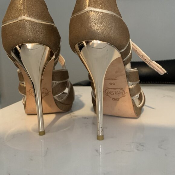 LUCY CHOI Brown / Gold Shimmer Suede Crystal Jewel Silver High-Heel Sandal - Picture 5 of 6